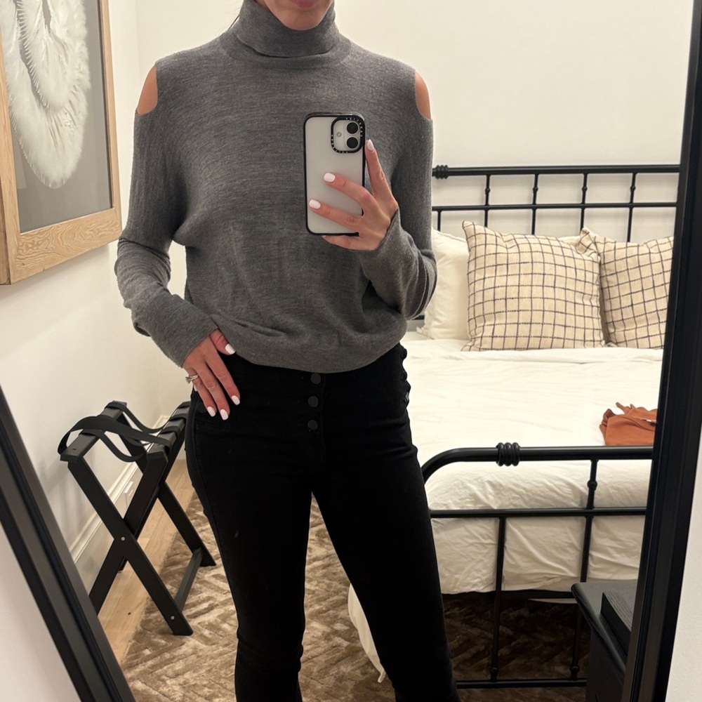 Vince Charcoal Turtleneck Sweater with Shoulder Cut-Outs